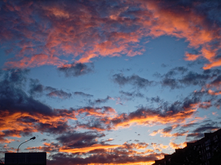colorful sunset in spring in Moscow, Dmitriya Ulianova streetの写真素材