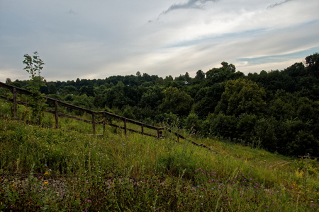 a wooden staircase on the banks of the Oka river in summer, Russiaの写真素材