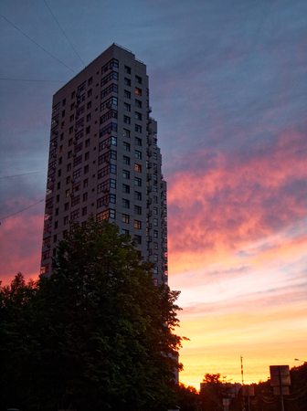 Colorful sunset evening in the summer in Moscow South-Western districtの写真素材