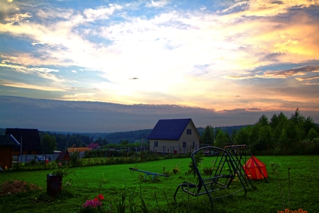 colorful summer sunset from the countryside, Russiaの写真素材