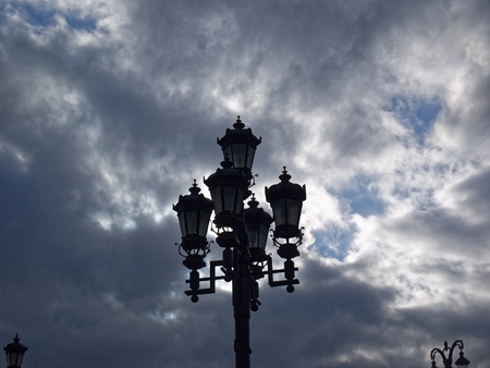 historical lantern in the center of Moscow against the cloudy sky, springの写真素材