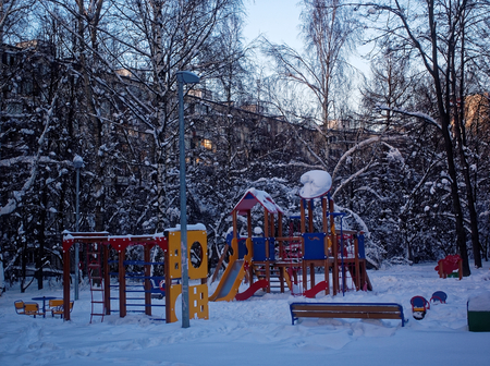 children's Playground in the snow in winter, Moscowの写真素材