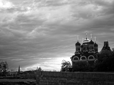 Church near the Moscow Kremlin in summer, black and white photoの写真素材