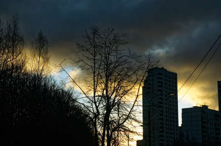 houses against the background of a winter sunset, Moscowの写真素材