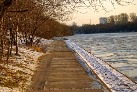 ice melts on the river at dawn, Moscow
