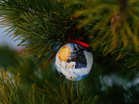 Christmas tree toy on a live Christmas tree on the street, Russiaの写真素材