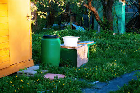 outbuildings in the spring garden, Russia