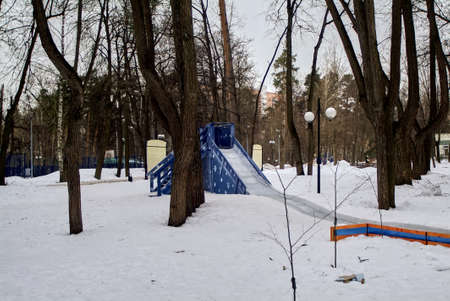 wooden children's slide with ice descent, Moscowの写真素材