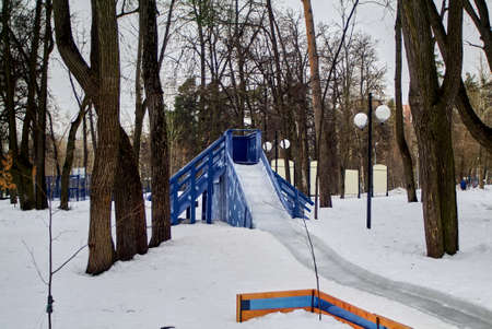 wooden children's slide with ice descent, Moscowの写真素材