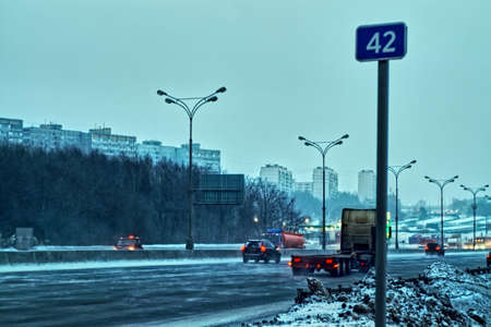 snow blizzard on the road in the early morning, Moscowのeditorial素材