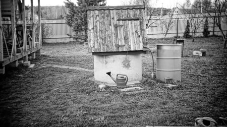 a well of concrete rings in the garden, in spring