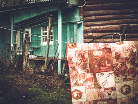 Old blanket drying in the yardの写真素材