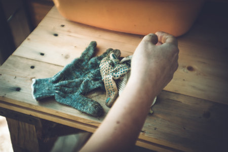 Working Knitted Gloves In The Village, Lomographyの写真素材