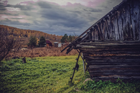 an old dilapidated barn in a village, Russia