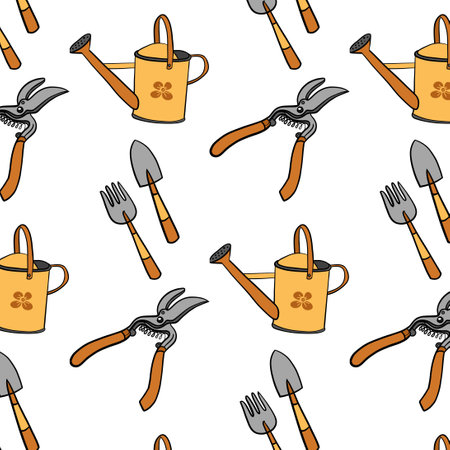 Cartoon garden pattern. Garden tools icon or pictogram. garden maintenance. Rake, lawnmower, shovel, pruning knife, secateurs, watering can, wheelbarrow and ax. Gardener, garden bannerのイラスト素材