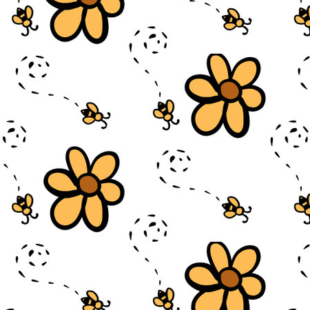 Pattern about gardening. Vector illustration of flowers and bees.  gardening bannerのイラスト素材