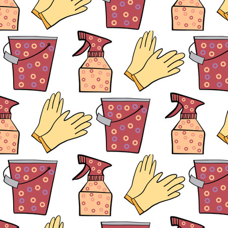 Pattern about gardening. Vector illustration with bucket, gloves, spray gun. gardening banner
