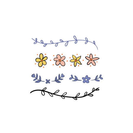 Easter set of flowers and twigs. Easter holiday drawings or stickers collection for postcards and decor.のイラスト素材