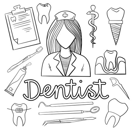 vector illustration. Dentist tools set, toothbrush, implant, dental braces, paste, dentist tools outline icons - vector illustrationのイラスト素材