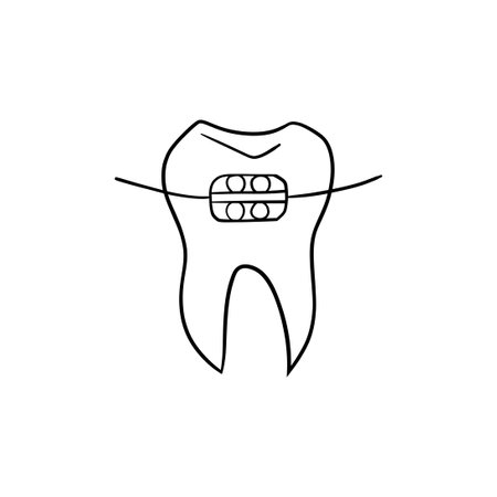 vector illustration. Dentist's tools. Black outline on a white background. Tooth with bracketのイラスト素材
