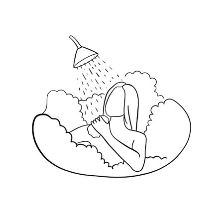 Girl washes in the shower. black lines. vector illustrationのイラスト素材