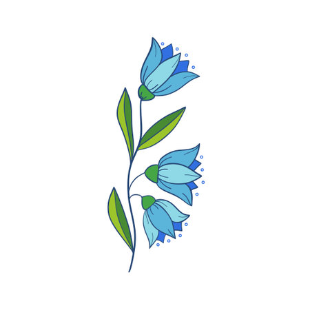 Bell-flowers Campanula - Hand drawn vector illustration of blue bell flowers and buds on white background. Colorful flower icons set. Vector isolated floral elements.のイラスト素材