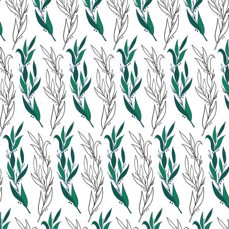 Seamless floral pattern with twigs. Botanical background, repeating prints. Blooming herbs texture design for your design. hand drawn vector illustrationのイラスト素材