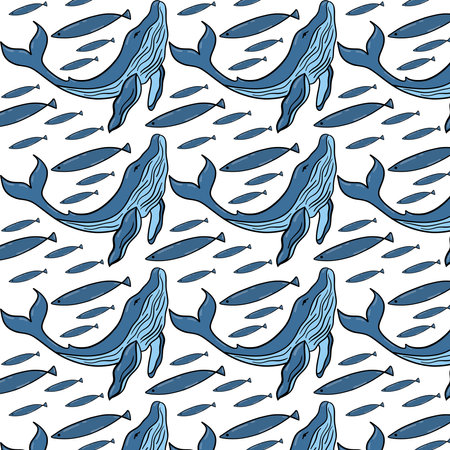 Vector abstract seamless pattern on the theme of travel, adventure and discovery. Vintage repeating background with hand drawn sketches of fish, whale.のイラスト素材