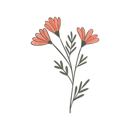 Colorful flower, hand drawn, vector flat illustration. Flowering plants with stems and leaves isolated on white. Floral decoration or gift. for your designのイラスト素材