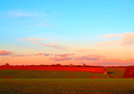 Sunset over late autumn fieldsの写真素材