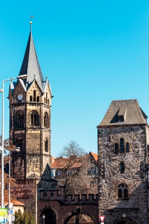 Nikolai church and city gate in historical old city Eisenach, Germanyの写真素材