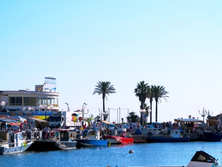 Colorful fishing port in Saint Cyprien, Southern Franceの写真素材