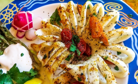 Italian grilled squids, Calamari alla griglia on the plateの写真素材