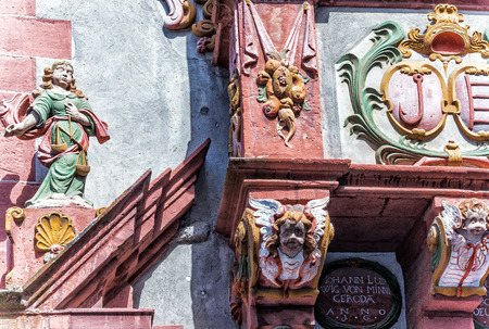 Wall relief of an old house in medieval town center in Alsfeld, Hesse, Germanyのeditorial素材