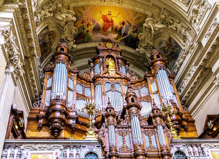 BERLIN, GERMANY-MAY 05, 2014: Interior of Berlin Cathedral. The Supreme Parish and Collegiate Church is one of largest Protestant churches in Germany and the largest church in Berlinのeditorial素材