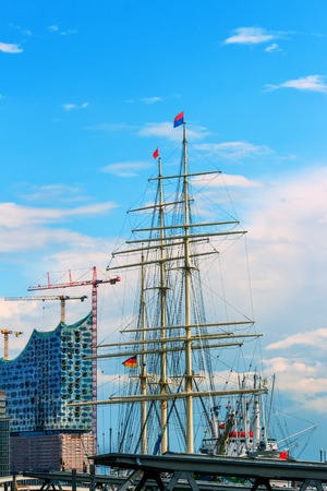 View of harbor with the Elbe Philharmonic Hall in Hamburg, Germany