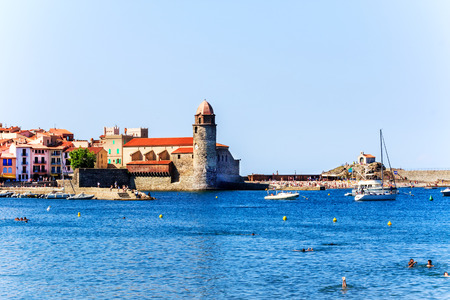 The bay of Collioure with fortified church of Notre-Dame des Anges, Southern Franceの写真素材