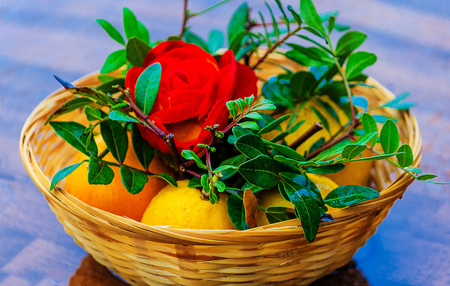 Fruit basket with olive branches and red roseの写真素材