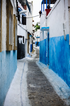 Blue and white labyrinth streets in the Kasbah Oudaia of Rabat, Moroccoのeditorial素材