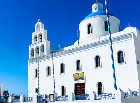 Gorgeous White Cycladic Church in Santorini, Greeceの写真素材