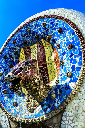 Blue Mosaic Dog Fountain in the Park Guell, Barcelona, ??Spainの写真素材