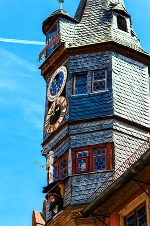 The New Town Hall (1497) with astronomical clock and lance turrets (1505) in Ochsenfurt near Wuerzburg, Germanyの写真素材