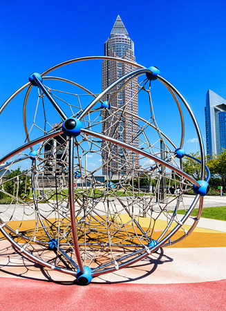 FRANKFURT, GERMANY-17 August 2016: Special View at the Trade Fair Tower from Skyline Garden Plaza in Frankfurt, Germanyのeditorial素材