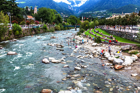 MERAN, TIROL, ITALY AUGUST 17, 2015: Alpine panoramic view of Meran South Tyrol on the banks of river Passerのeditorial素材