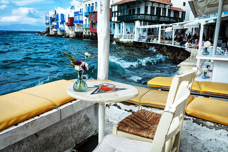 Cafes in Mykonos at night with beautiful sea viewのeditorial素材