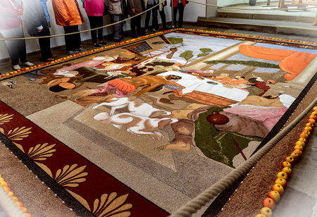 SARGENZELL FULDA, GERMANY-OCTOBER 26, 2017: Fruit carpet 2017 (made of seeds, grains, dried and ground flowers and leaves) at the Old Church in Sargenzell (parable of the rich man and the poor lazarus)のeditorial素材