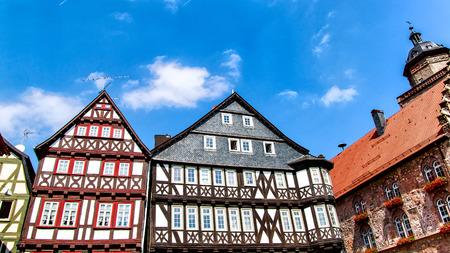 A row of medieval buildings on the market square in Alsfeld, Hesse, Germanyのeditorial素材