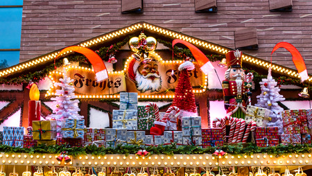 Christmas background - Colorfully painted christmas booths at the Frankfurt Christmas Market, Germanyの写真素材