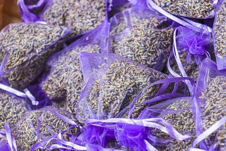 Small fragrant sachets with dry lavender flowersの写真素材