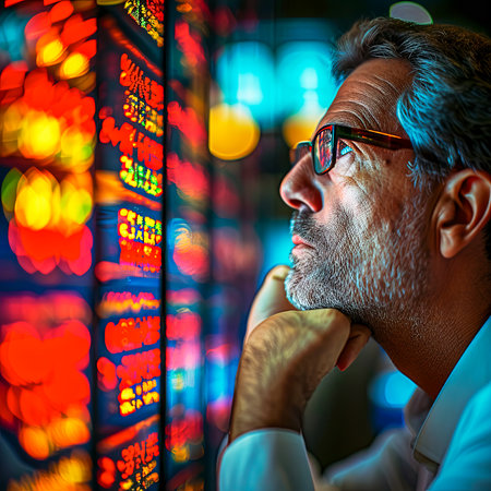 A man intently studies the stock market, its vivid data reflected in his glasses, symbolizing deep financial contemplation.の素材